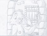  anthro clothed clothing cub disney door dungeon ear_piercing greyscale half-dressed lagomorph looking_down male mammal mizzyam monochrome multiple_piercings nipple_piercing nipples pencil_(artwork) piercing rabbit robin_hood_(disney) skippy solo topless traditional_media_(artwork) window young 