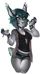  2015 cleavage clothed clothing denim_shorts digital_media_(artwork) ear_tuft feline female fur green_eyes green_fur green_hair grey_fur hair lynx mammal rat rava rodent shorts simple_background solo solo_focus standing three-quarter_portrait tuft white_background xenthyl 