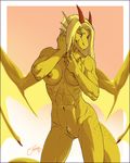  2015 abs anthro blonde_hair breasts claws dragon female feralise hair horn muscular muscular_female nipples nude pecs pubes pussy serylis smirk solo wings yellow_eyes 