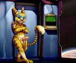  3_toes balls bottomless brown_stripes clothed clothing crossed_arms erection eyewear fur half-dressed male multicolored_fur penis ratchet ratchet_and_clank roy_arashi solo space stripes toes video_games yellow_fur 