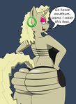  2015 americananomaly_(artist) animal_genitalia anthro backless_dress big_butt blonde_hair breasts butt chubby clothed clothing cutie_mark english_text equine female fur hair half-dressed horn horse huge_butt looking_at_viewer mammal my_little_pony open_mouth pony sauer_kraut_(character) simple_background smile solo text tongue unicorn 