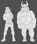  2015 anthro asgore_dreemurr asriel_dreemurr boss_monster custard_apples duo fangs father father_and_son male mammal monochrome monster obese overweight parent royalty size_difference son thick_thighs undertale video_games 