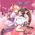  animal_ears blonde_hair brown_hair bunny_ears cat_ears closed_eyes gloves kamikita_komari little_busters! long_hair multiple_girls natsume_rin one_eye_closed paw_gloves paws ponytail red_eyes scp short_hair thighhighs twintails very_long_hair 