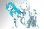  2015 all_fours anthro blue_eyes blue_hair blue_scales breasts butt dragon female grey_background hair half-closed_eyes hellkittenx long_hair looking_at_viewer looking_back nude raised_tail scales simple_background smile solo tattoo white_background 