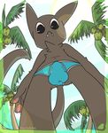  anthro black_eyes briefs bulge cat clothing fangs feline kukat looking_at_viewer male mammal palm_trees solo underwear 