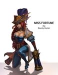  anaky belt blue_eyes braid breasts captain_fortune cleavage commentary full_body gun hair_over_shoulder hat highres large_breasts league_of_legends long_hair pirate pirate_hat red_hair sarah_fortune single_braid solo weapon 