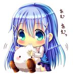  :3 aqua_eyes biting blue_hair blush chibi chocolat_(momoiro_piano) gochuumon_wa_usagi_desu_ka? hair_ribbon head_biting kafuu_chino long_hair long_sleeves rabbit_house_uniform ribbon shirt silver_hair sitting skirt solo tippy_(gochiusa) translated very_long_hair 