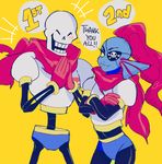  blush bone clothing cosplay costume dialogue duo eye_patch eyes_closed eyewear female fish gloves hachibani male marine monster papyrus ponytail simple_background skeleton smile teeth text undertale undyne video_games yellow_background 