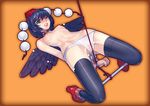  absurdres ankle_cuffs bdsm black_hair blue_eyes breasts choker clenched_teeth fengmo full_body hat high_heels highres navel nipples one_eye_closed panties restrained rope shameimaru_aya shiny shiny_skin short_hair small_breasts solo spreader_bar tears teeth thighhighs touhou underwear wince wings wrist_cuffs 
