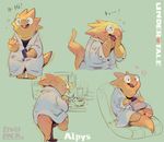  alphys aqua_background blush buck_teeth cellphone character_name character_sheet chips closed_labcoat commentary_request copyright_name eating english food glasses heart highres labcoat lizard_girl monster_girl murayama_ryouta noodles phone ramen simple_background sitting smartphone sweat tail undertale 