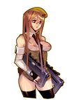  beret breasts brown_hair corset covered_nipples fengmo glasses gloves gun hat long_hair medium_breasts necktie nipples pinky_out red_eyes see-through solo thighhighs uniform weapon zettai_ryouiki 