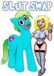  &lt;3 2013 black_eyes blonde_hair blue_skin bracelet breasts clothed clothing curtsibling cutie_mark derp derp_eyes derpy_hooves_(mlp) digital_media_(artwork) duo english_text equine eyebrows eyelashes female friendship_is_magic fur green_hair hair half-dressed happy horse human jewelry legwear long_hair looking_at_viewer mammal my_little_pony navel nazi open_mouth parody pegaslut pegasus pony shirt stockings swastika teeth text tongue underwear watermark white_sclera wings 