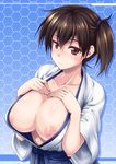 areolae blue_background blush breast_suppress breasts brown_eyes brown_hair collarbone frown honeycomb_(pattern) honeycomb_background japanese_clothes kaga_(kantai_collection) kantai_collection large_breasts mikagami_sou nipples no_bra open_clothes shiny shiny_hair shiny_skin short_hair side_ponytail skirt solo wide_sleeves 