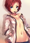  bad_id bad_pixiv_id blue_eyes breasts highres idolmaster idolmaster_million_live! julia_(idolmaster) looking_at_viewer mouth_hold narumi_arata navel no_bra open_clothes open_shirt plectrum red_hair shirt short_hair small_breasts solo star 