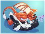  anthro balls black_body blue_background border canine dragon duo fox hair hand_on_stomach inflatable knot lying male male/male mammal missionary_position nipples on_back orange_body penis pool_toy red_hair rem sex simple_background white_body white_border wings 
