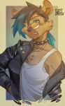  2018 anthro ashra(lazysnout) black_nose blue_eyes blue_hair breasts brown_fur cheek_fluff choker cleavage clothed clothing eyebrows eyewear female fur hair hyena inner_ear_fluff jacket lazysnout leather leather_jacket mammal multicolored_hair piercing pins sharp_teeth shirt snaggle_tooth snarling solo spots sunglasses tank_top teeth 