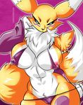 arm_warmers big_breasts bikini black_sclera blue_eyes breasts camel_toe canine chest_tuft clothing digimon eyelashes female fluffy_tail fox fur jenovasilver looking_at_viewer mammal muscular muscular_female navel nipples renamon solo swimsuit tuft white_fur yellow_fur 
