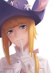  amino_(tn7135) androgynous bad_id bad_pixiv_id bangs blonde_hair blue_eyes blunt_bangs bow capelet chevalier_d'eon_(fate/grand_order) closed_mouth fate/grand_order fate_(series) finger_to_mouth flower gem gloves hair_over_shoulder half_gloves hat head_tilt index_finger_raised jewelry lips long_hair looking_at_viewer low_ponytail pink_bow portrait shushing simple_background smile solo white_background white_gloves white_lily 