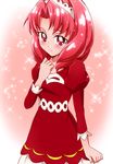  absurdres akagi_towa bad_id bad_pixiv_id cowboy_shot dress go!_princess_precure hairband highres juliet_sleeves long_sleeves precure puffy_sleeves red red_background red_eyes red_hair red_shirt red_skirt sharumon shirt short_hair skirt smile solo sparkle 