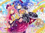  ;d bell blue_eyes blue_hair blush bouquet brown_hair chibi closed_eyes emil_chronicle_online flower highres long_hair looking_at_viewer multiple_girls one_eye_closed open_mouth pink_hair rainbow sakura_oriko skirt smile yellow_eyes 