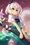  :o absurdres artist_name bangs black_ribbon bloomers blue_eyes blunt_bangs blush bow bowtie cherry_blossoms cowboy_shot dated flower green_skirt green_vest hair_ribbon hairband highres holding holding_sword holding_weapon katana konpaku_youmu konpaku_youmu_(ghost) looking_at_viewer parted_lips petals puffy_short_sleeves puffy_sleeves ribbon scabbard sheath short_hair short_sleeves silver_hair skirt standing sword touhou underwear vest weapon yubayuki 