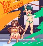  arm_up armpits barefoot bikini blush breasts brown_eyes brown_hair cleavage green_bikini green_eyes green_hair hair_ornament hairclip large_breasts long_hair migel_futoshi multiple_girls navel orange_bikini pixel_art ponytail saegusa_wakaba shinomiya_himawari sitting smile soaking_feet swimsuit vividred_operation water 