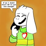  &lt;3 asriel_dreemurr boss_monster clothing dialogue fatz_geronimo_(artist) frisk fur hair male mammal monster simple_background solo sweater talking_to_viewer text undertale video_games white_fur white_hair 