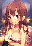  ass bad_id bad_pixiv_id bangs blush breasts brown_eyes brown_hair cleavage collarbone eyebrows eyebrows_visible_through_hair highres idolmaster idolmaster_million_live! large_breasts long_hair looking_at_viewer naked_towel narumi_arata onsen solo tanaka_kotoha towel water wet 