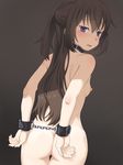  ass back bdsm blue_eyes blush bondage bound bound_wrists breasts brown_hair butt_crack collar cuffs long_hair looking_at_viewer meow_(nekodenki) nipples nude original ponytail restrained small_breasts solo very_long_hair 