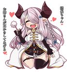  bare_shoulders black_gloves blush breasts closed_eyes commentary_request demon_horns draph elbow_gloves fingerless_gloves gloves granblue_fantasy hair_ornament hair_over_one_eye horns large_breasts lavender_hair long_hair mimikaki narmaya_(granblue_fantasy) niwakaame_(amayadori) open_mouth pointy_ears simple_background single_thighhigh solo thighhighs thighs translated white_background 