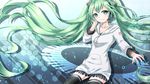  floating_hair green_eyes green_hair hatsune_miku headset highres hood hoodie long_hair looking_at_viewer piano_keys smile solo thighhighs twintails very_long_hair vocaloid yamagara 