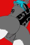  2015 anthro blue_hair breasts butt female fish grey_scales hair half-closed_eyes hellkittenx looking_at_viewer looking_down low-angle_shot marine nude pussy pussy_juice red_background scales shark simple_background solo standing worm&#039;s-eye_view 
