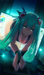  2015 all_fours alternate_costume aqua_eyes aqua_hair artist_name cable closed_mouth dutch_angle feathers gloves glowing hair_between_eyes hatsune_miku headgear highres keyboard_(computer) long_hair looking_at_viewer monitor mouse_(computer) one-piece_swimsuit painttool_sai school_swimsuit signature smile solo swimsuit tablet through_screen twintails very_long_hair vocaloid xkc 