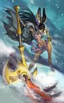  animal_ears armpits axe bandages black_hair bunny_ears cape dark_skin earrings foreshortening fur gloves hand_on_hip hector_enrique_sevilla_lujan highres jewelry long_hair makeup molten_rock mountain muscle navel snow solo weapon wide_hips yellow_eyes 