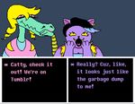  alligator animated blonde_hair bratty_(undertale) cat catty_(undertale) duo english_text fangs feline female hair mammal reptile scalie text undertale video_games 
