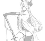  bad_id bad_pixiv_id blush braid breasts draph granblue_fantasy greyscale hair_over_one_eye highres holding holding_sword holding_weapon horns katana large_breasts long_hair looking_at_viewer monochrome narmaya_(granblue_fantasy) parted_lips pointy_ears sakiyo_cake sideboob simple_background single_thighhigh solo sword thighhighs weapon white_background 