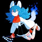  animal_ears bandages blue_eyes blue_fire blue_hair fire fox_ears fox_tail gohei hair_down japanese_clothes kemonomimi_mode l_hakase male_focus sayo_samonji scar solo tail tail-tip_fire touken_ranbu 