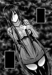  breasts greyscale hair_over_one_eye long_hair medium_breasts monochrome mugenshiki original ribbed_sweater smile solo sweater thighhighs very_long_hair 