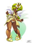  =_= amalia_sheran_sharm bad_deviantart_id bad_id breasts creature dark_skin eric_toner eyebrows full_body green_hair hair_between_eyes highres legs long_hair medium_breasts navel pajamas panties pantyshot pantyshot_(standing) pigeon-toed sadida slippers solo standing thighs underwear wakfu wide_hips 