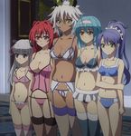  age_difference ahoge bangs blue_bra blue_hair blue_panties blunt_bangs blurry blush blush_stickers bow bow_bra bow_panties bra braid breasts camisole cleavage cowboy_shot dark_skin depth_of_field expressionless flipped_hair frilled_bra frilled_panties frills frown garter_belt garter_straps groin hair_between_eyes hair_intakes hair_ornament hair_ribbon hairband high_ponytail highleg highleg_panties highres holding holding_arm horns indoors jpeg_artifacts lace lace-trimmed_thighhighs large_breasts light_smile lineup lingerie looking_to_the_side medium_breasts microskirt miniskirt multiple_girls naruse_maria naruse_mio navel nonaka_kurumi nonaka_yuki panties parted_lips pink_eyes pink_panties pleated_skirt ponytail purple_bra purple_eyes purple_panties raised_eyebrows red_hair ribbon screencap shinmai_maou_no_testament side_braid sideboob sidelocks silver_hair skirt small_breasts smile standing stitched string_panties thighhighs third-party_edit training_bra two_side_up underwear underwear_only white_bra white_hair white_panties yellow_eyes zest 