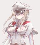  blonde_hair breasts capelet cross graf_zeppelin_(kantai_collection) grey_eyes hair_between_eyes hat hat_over_one_eye highres impossible_clothes kantai_collection large_breasts looking_at_viewer necktie nipples senasky sidelocks sketch solo torn_clothes tsurime twintails 