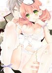  1girl amiko_(frostedchocolate) atelier_(series) atelier_escha_&amp;_logy bad_id bad_pixiv_id bow breasts cameltoe cleavage couple escha_malier finger_to_mouth green_eyes hair_bow hat hetero large_breasts logix_ficsario navel nipple_slip nipples orange_hair panties silver_hair thighhighs underwear 