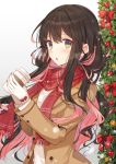  black_hair christmas_ornaments christmas_tree coffee_cup cup disposable_cup gloves hiiragi_souren kantai_collection long_hair multicolored_hair naganami_(kantai_collection) pink_hair scarf simple_background two-tone_hair white_gloves winter_clothes yellow_eyes 