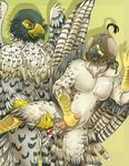  anal anal_penetration animal_genitalia anthro avian bdsm beak bird blindfold bondage bound cum cum_in_ass cum_inside falcon falconry_hood feathers hood kawaiijumi male male/male open_mouth penetration penis peregrine_falcon sex stoop talons tiercel wings 