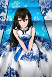  beifeng_han black_hair blue_flower china_dress chinese_clothes dress flower hair_between_eyes long_hair looking_at_viewer miyaura_sanshio original peony_(flower) purple_eyes sitting smile solo white_dress 