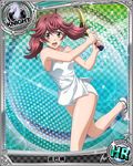  brown_hair card_(medium) character_name chess_piece high_school_dxd holding knight_(chess) looking_at_viewer meguri_tomoe official_art open_mouth racket shorts solo sportswear tennis_racket tennis_uniform trading_card twintails white_shorts yellow_eyes 