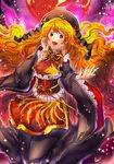  adapted_costume black_dress chinese_clothes dress frills full_moon hat junko_(touhou) long_hair long_sleeves looking_at_viewer moon obi open_mouth orange_hair red_eyes red_moon ribbon sash smile solo suou_sakura tabard touhou very_long_hair wide_sleeves 