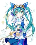  absurdres aqua_eyes aqua_hair bad_id bad_pixiv_id beamed_sixteenth_notes blush bunny eighth_note goggles goggles_on_head hat hate_ani_hikae hatsune_miku highres long_hair looking_at_viewer musical_note sixteenth_note skirt smile twintails very_long_hair vocaloid yuki_miku yukine_(vocaloid) 