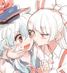  blue_hair blush bow fujiwara_no_mokou hair_bow hair_ribbon hat kamishirasawa_keine long_hair multicolored_hair multiple_girls red_eyes ribbon shinoasa silver_hair suspenders touhou white_hair yuri 