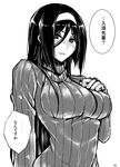  blush breasts greyscale hyouka irisu_fuyumi large_breasts long_hair monochrome mugenshiki ribbed_sweater smile solo sweater translated 